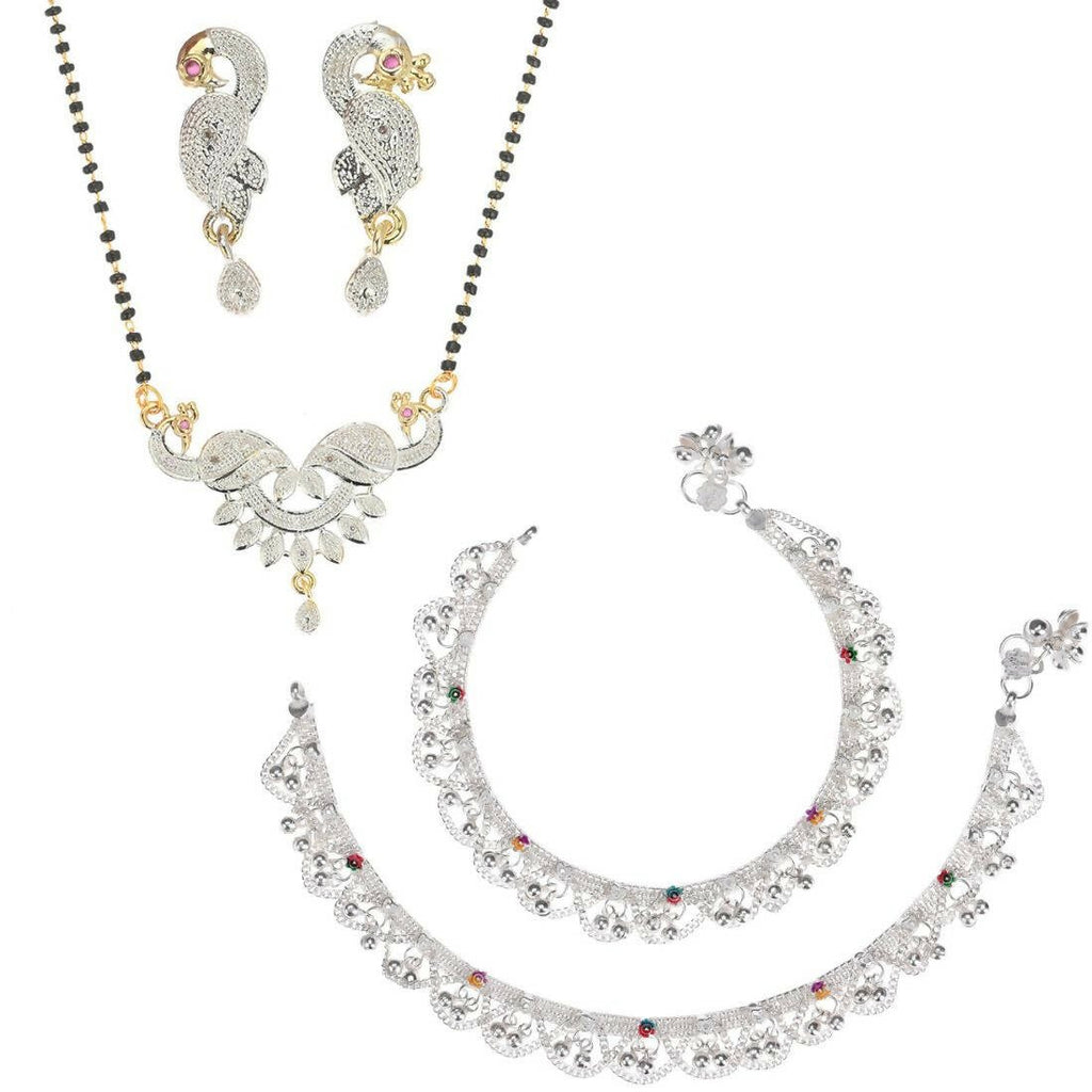 AanyaCentric Gold-Polished Mangalsutra Pendant Earring Set & Silver Plated Anklet