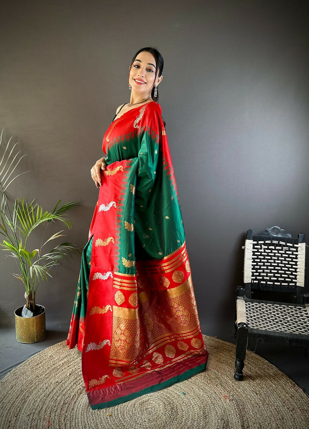 Joban Fashion Red Peacock,Butti Banarasi Silk Sarees