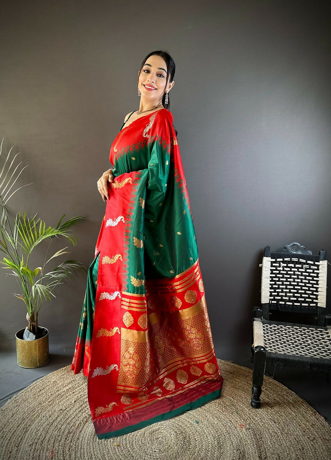 Joban Fashion Red Peacock,Butti Banarasi Silk Sarees