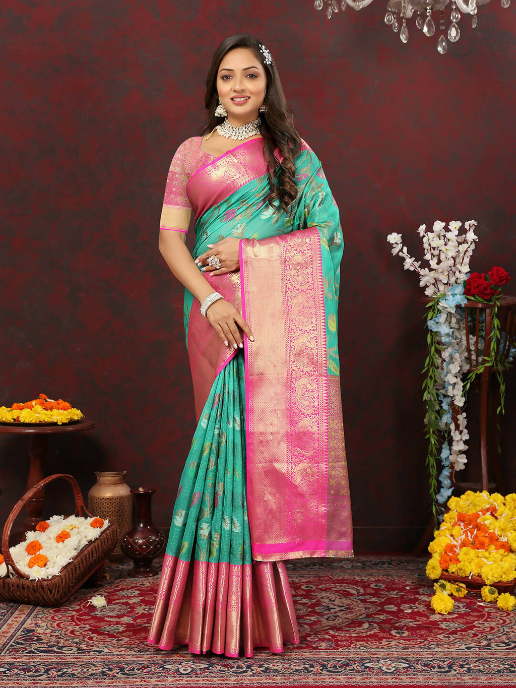 Lorenvalley Fashion Teal Cotton Woven Design Zari Meenakari Weaving Saree