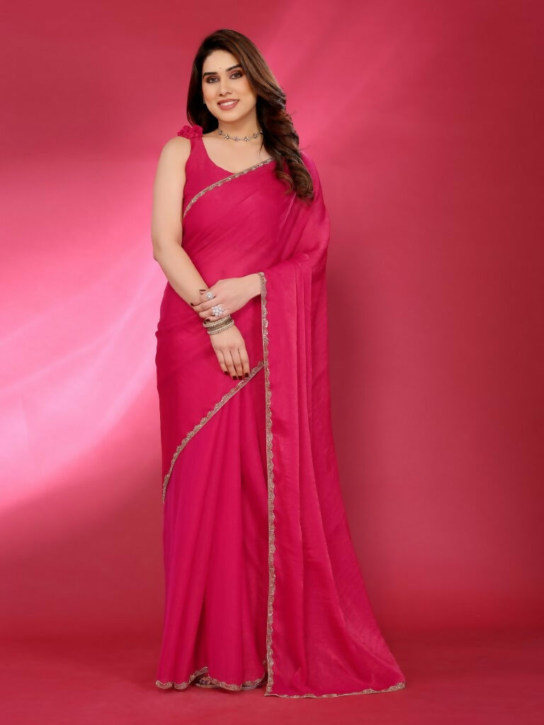 PR Fashion Pink Jimmy Choo Fabric Palin With Work Lace Saree