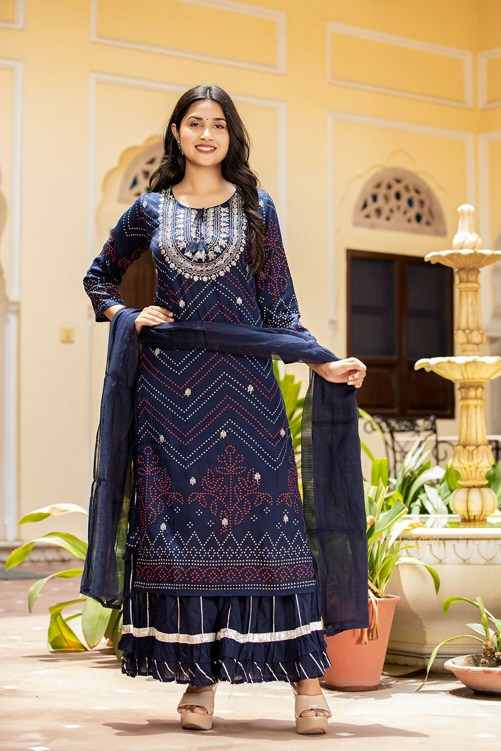 Kaajh Women's Navy Blue Embroidered Cotton Kurta Sharara Set With Dupatta