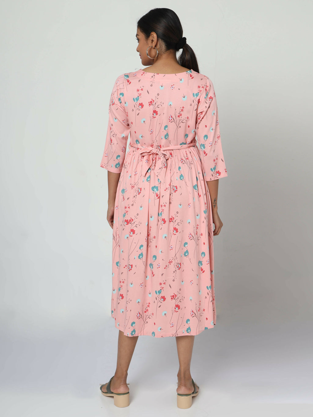 Manet Three Fourth Maternity Dress Floral Print With Concealed Zipper Nursing Access - Peach