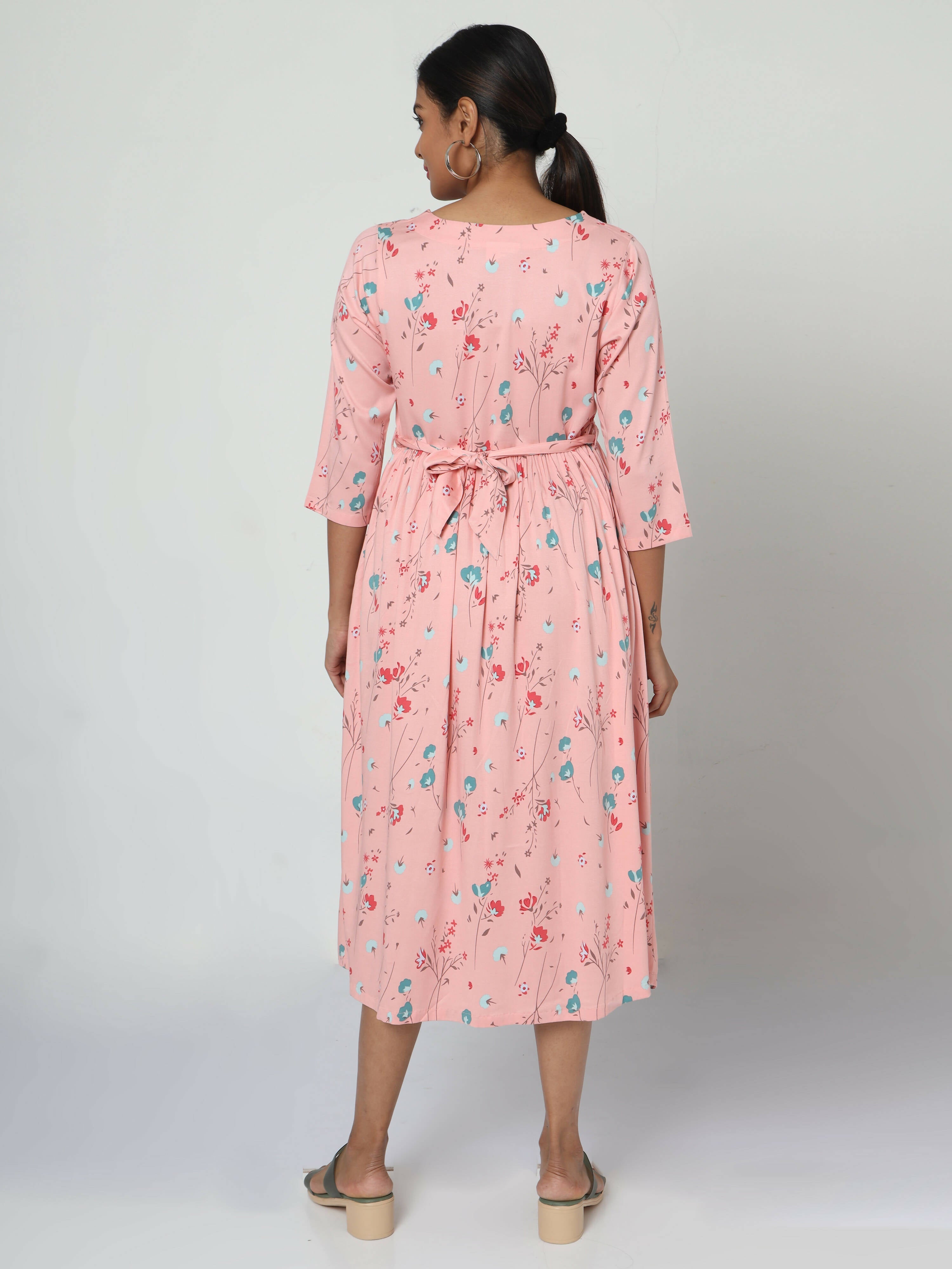 Manet Three Fourth Maternity Dress Floral Print With Concealed Zipper Nursing Access - Peach