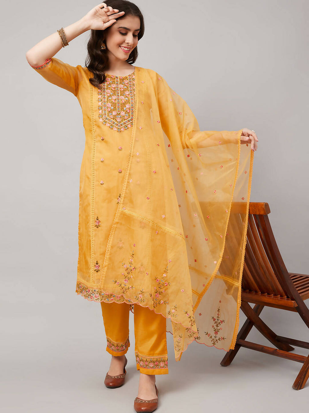 Yellow Organza Embroidered Kurta with Bottom & Dupatta - Salimar