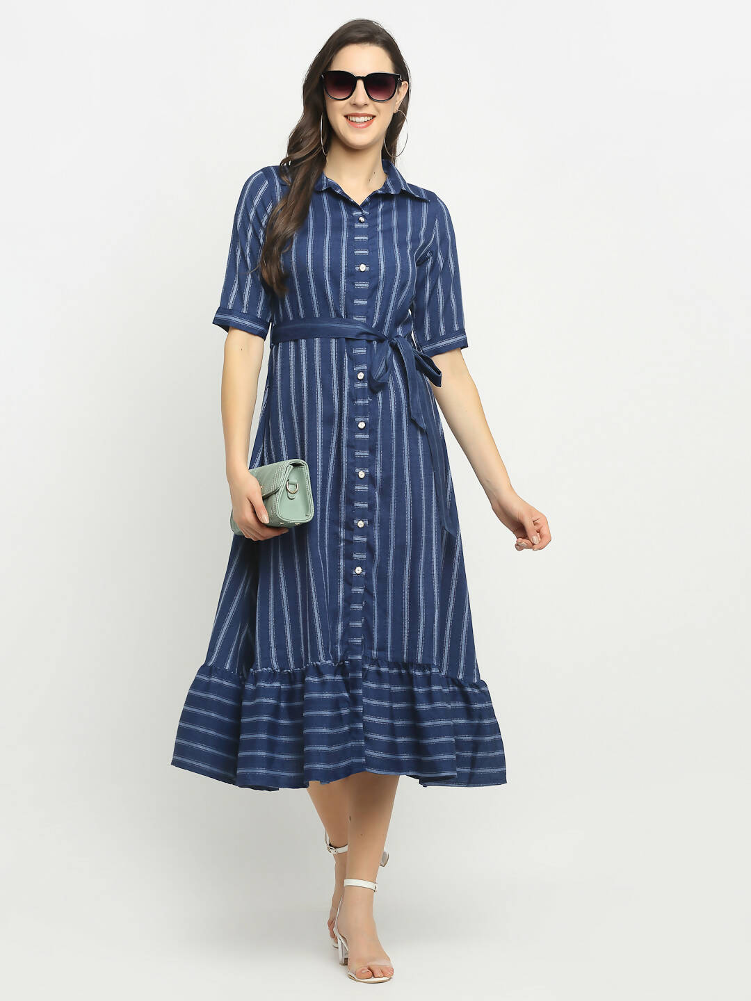 Rudra Bazaar Blue A-Line Striped Kurta