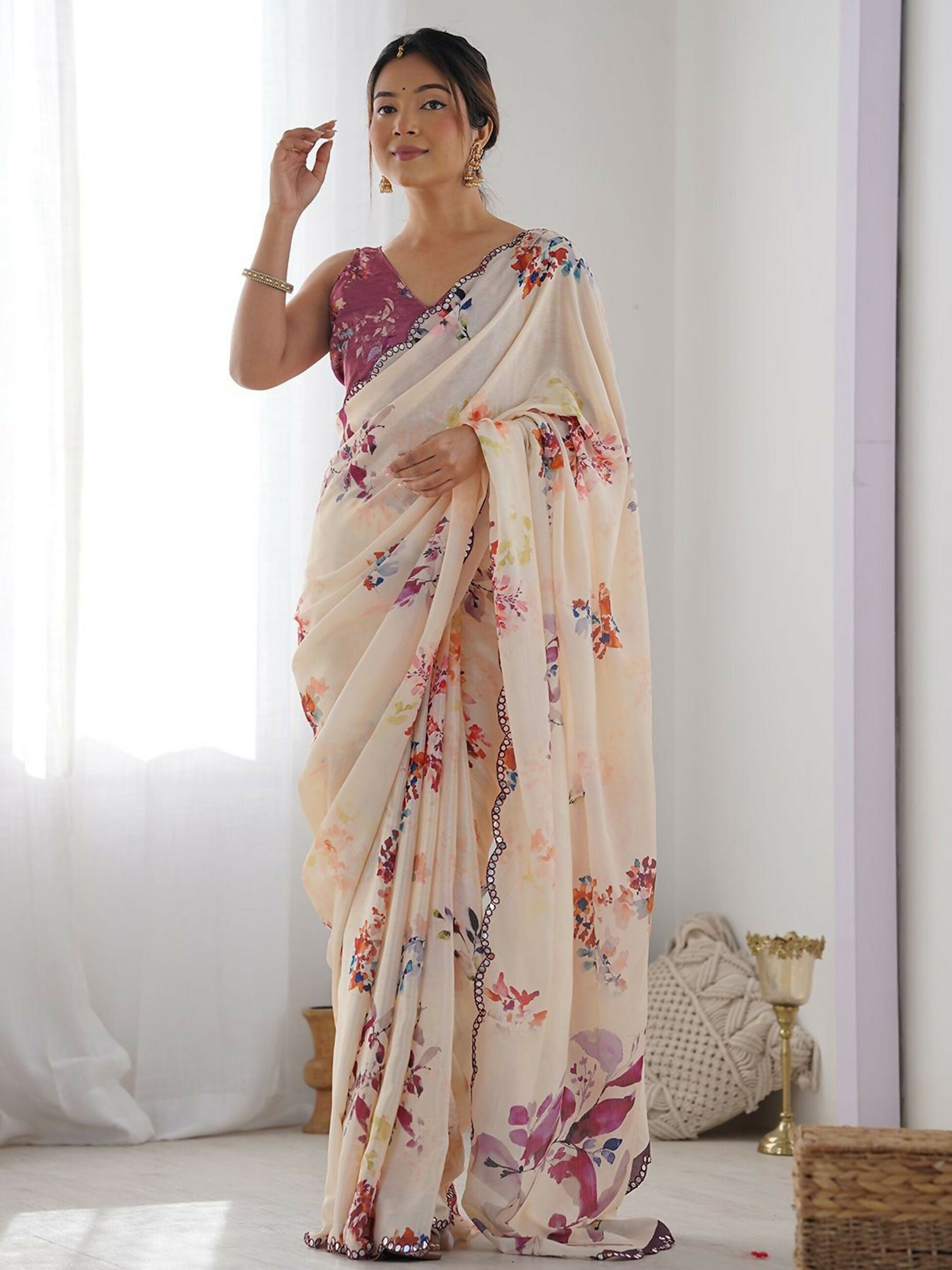 Designer Partywear Georgette Cream Fancy Saree-Druga