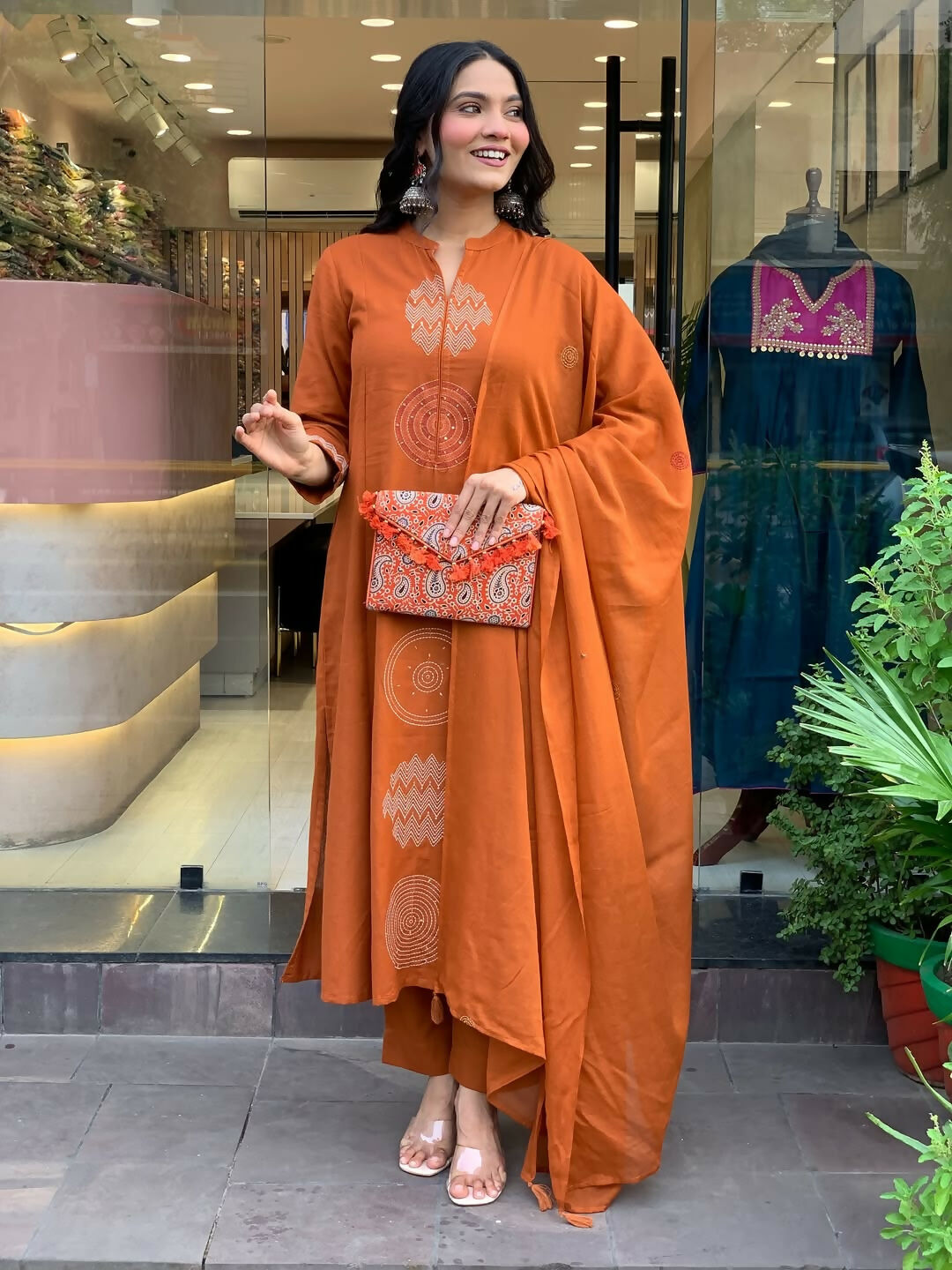 The52 Orange Women's Gorgeous Chanderi Fabric Embroidered Work Straight Kurta Pant and Dupatta Set