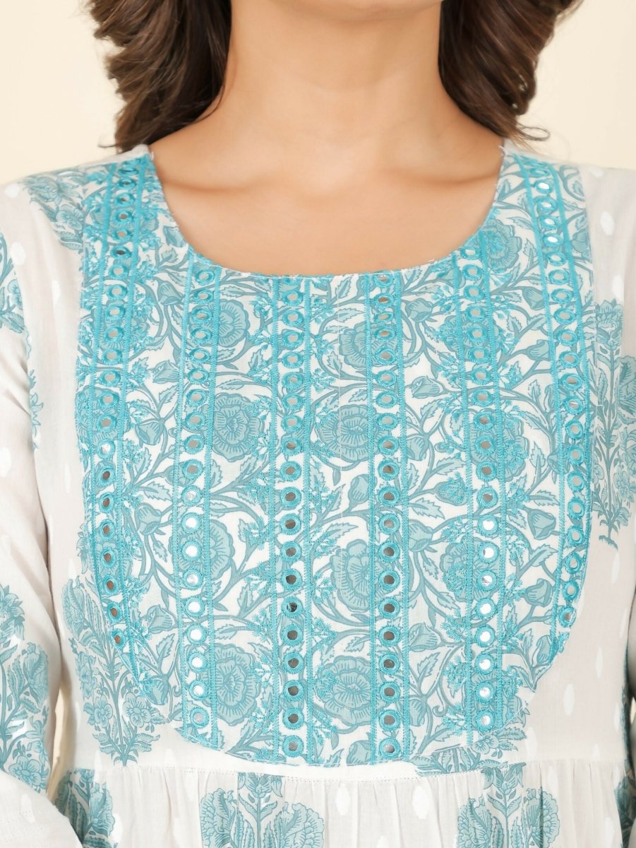 Aramya White Soft Cotton Block Print Anarkali Kurta Set for Women