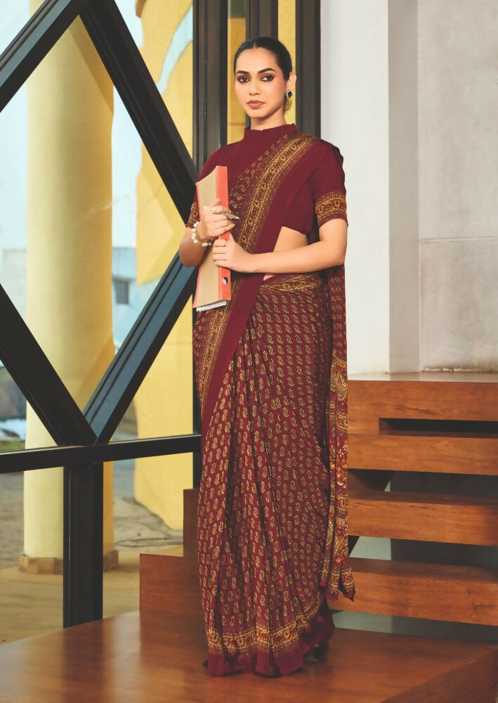 Joban Fashion Red Crepe Silk with Traditional Print Saree