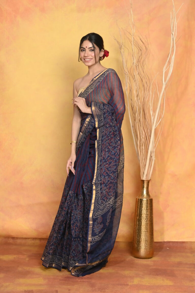 Very Much Indian Pure Kota Cotton Handblock Printed Saree - Dark Blue