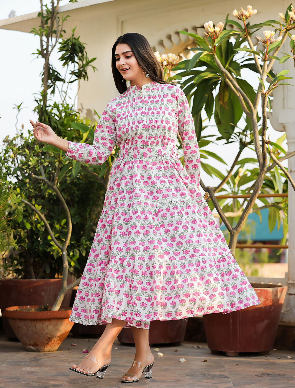 Kaajh Women's Pink Floral Print Cotton Handblock Dress