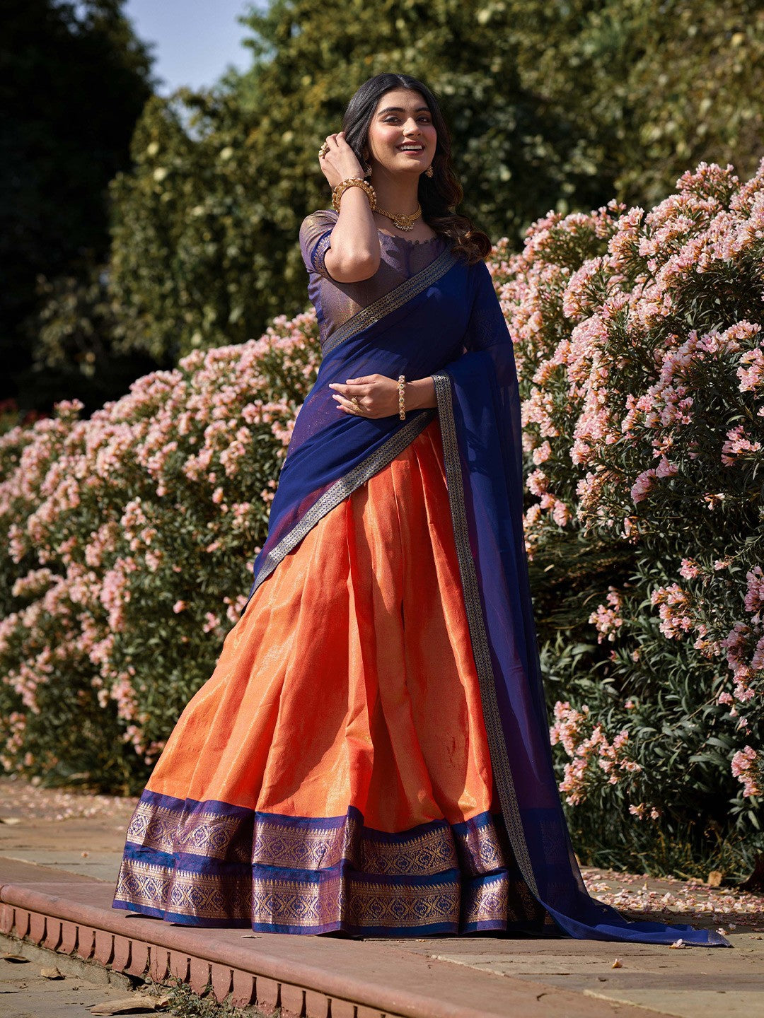 Lorenvalley Orange Kanchipuram Zari Weaving Work Lehenga Choli with Dupatta
