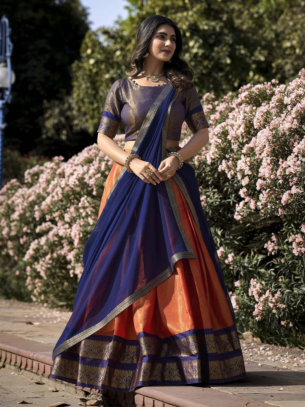 Lorenvalley Orange Kanchipuram Zari Weaving Work Lehenga Choli with Dupatta