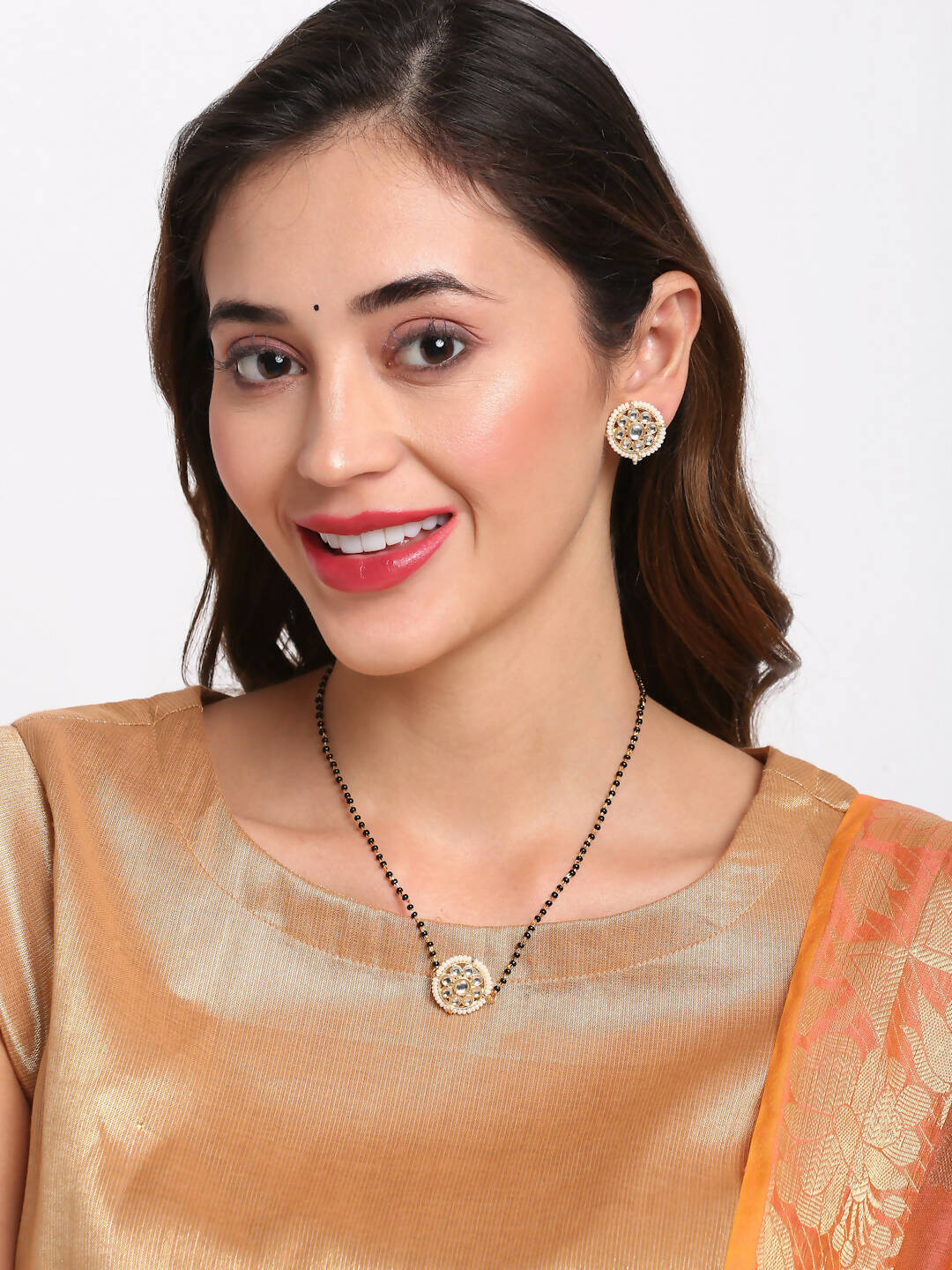Gold-Polished Black Kundan Beaded Mangalsutra With Studs - Ruby Raang