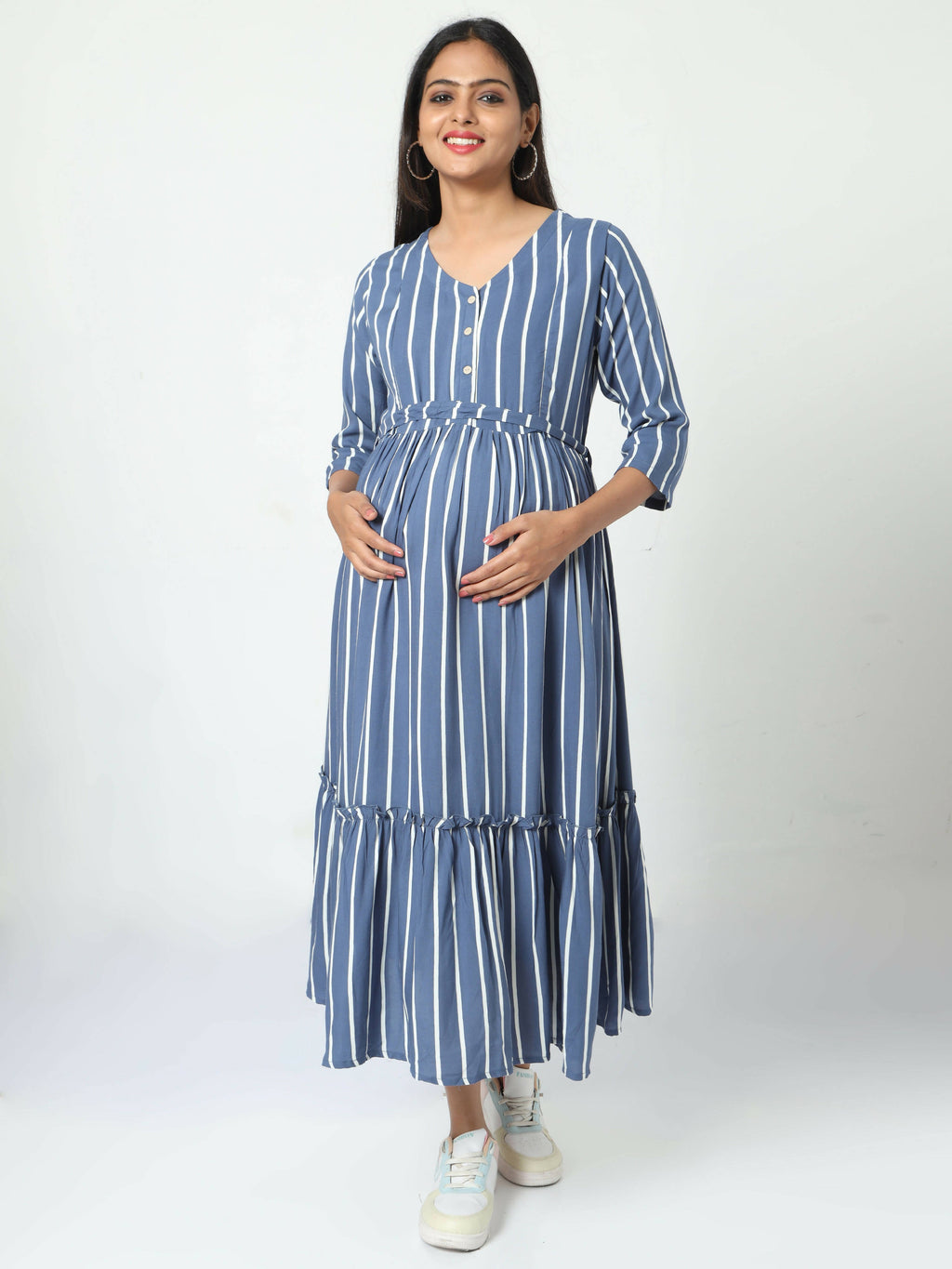 Manet Three Fourth Maternity Dress Striped With Concealed Zipper Nursing Access - Blue