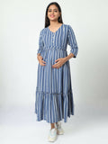 Manet Three Fourth Maternity Dress Striped With Concealed Zipper Nursing Access - Blue