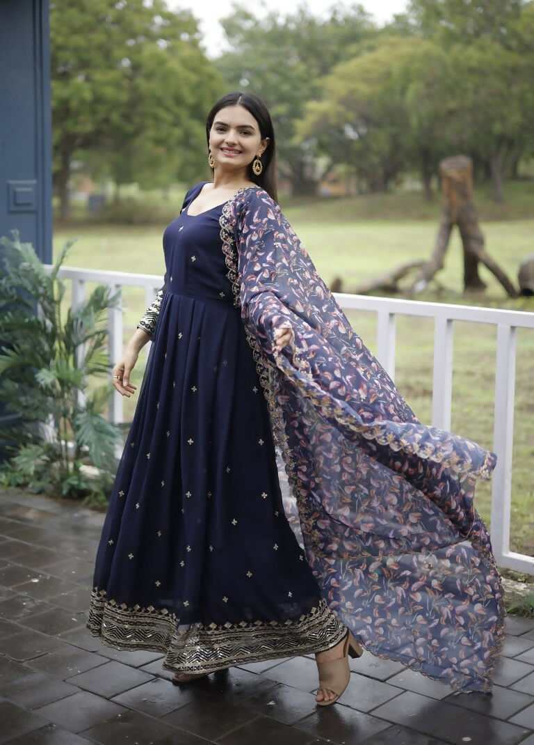 Jyoti Fashion Women's Navy Blue Faux Blooming Sequins with Zari Embroidery Anarkali Dress with Dupatta