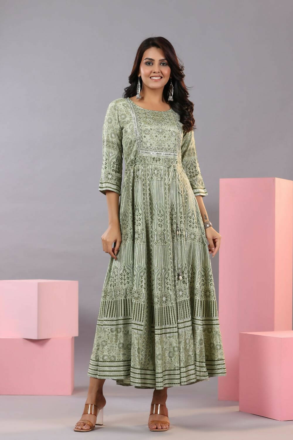 Juniper Women Olive Green Shantoon Floral Printed Maxi Dress