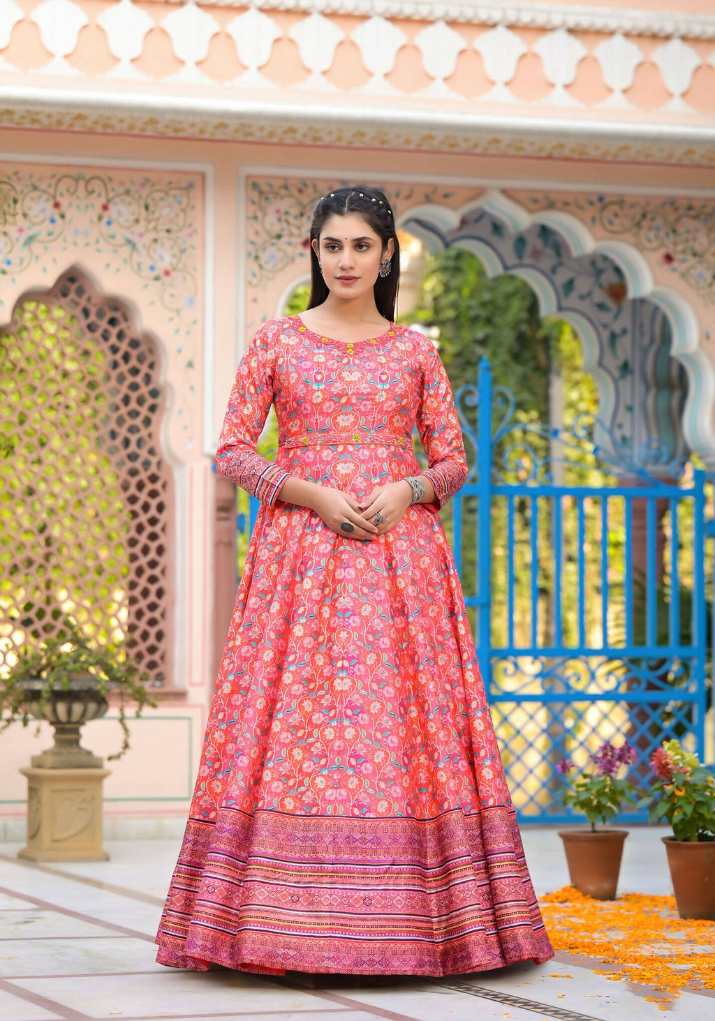 Functional Designer Red-Orange Dola Silk Anarkali suit with Dupatta - Ramya