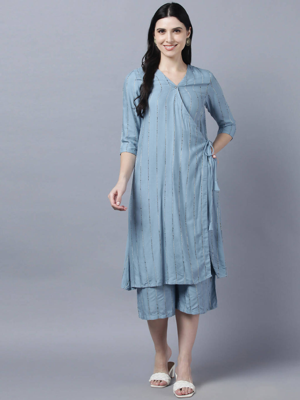 Myshka Stylish Grey Viscose 3/4 Sleeve Women's Kurta Palazzo Set