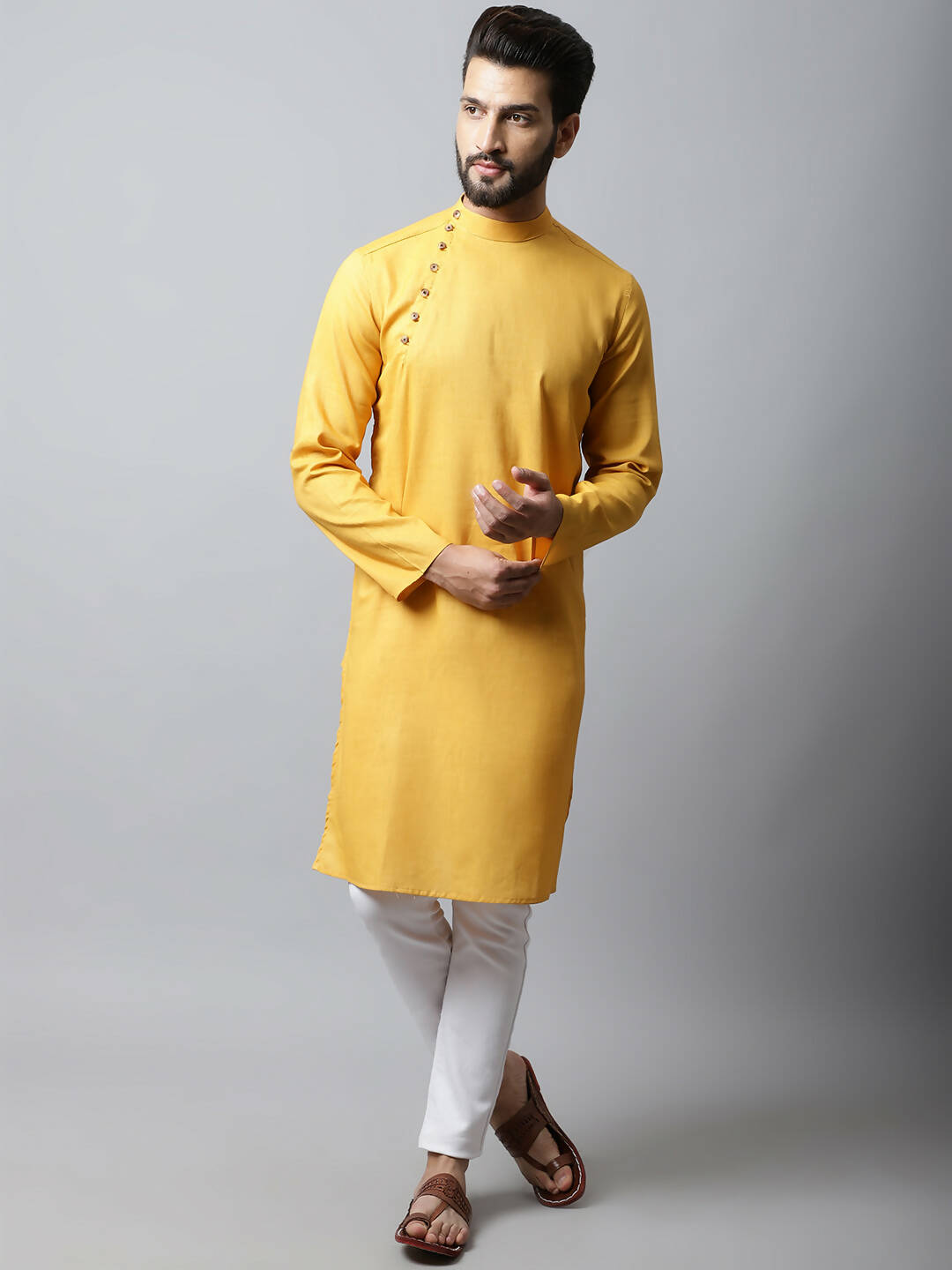 Even Apparels Yellow Color Pure Cotton Men's Kurta With Side Placket (SLD1130)