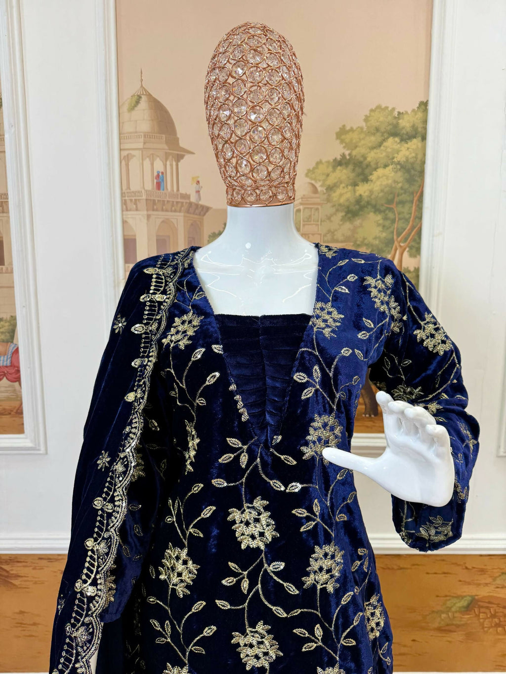 Vastranavya Blue Velvet Front Embroidery Work Kurta With Bottom & Dupatta