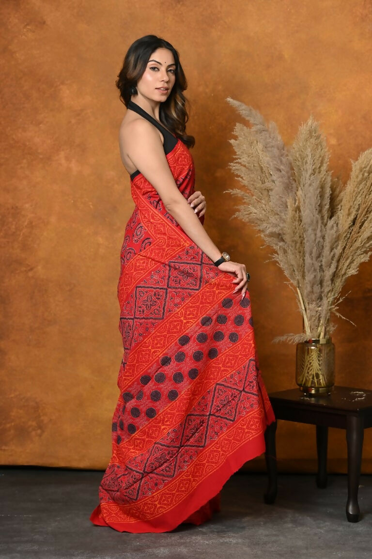 Very Much Indian Handblock Printed Cotton Saree With Natural Dyes - Red