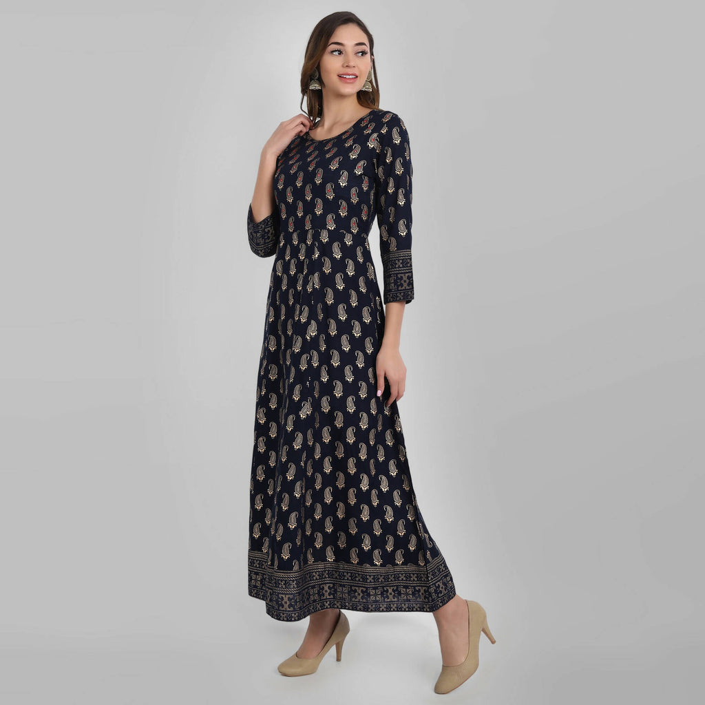 Juniper Women's Navy Rayon Printed Flared Dress
