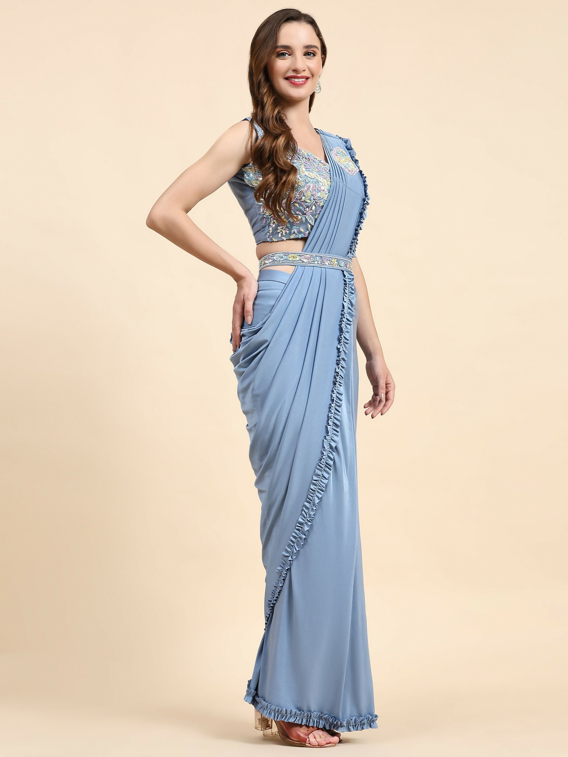 Blue Lycra Solid Ready to wear Saree with stitched Blouse - Vanita