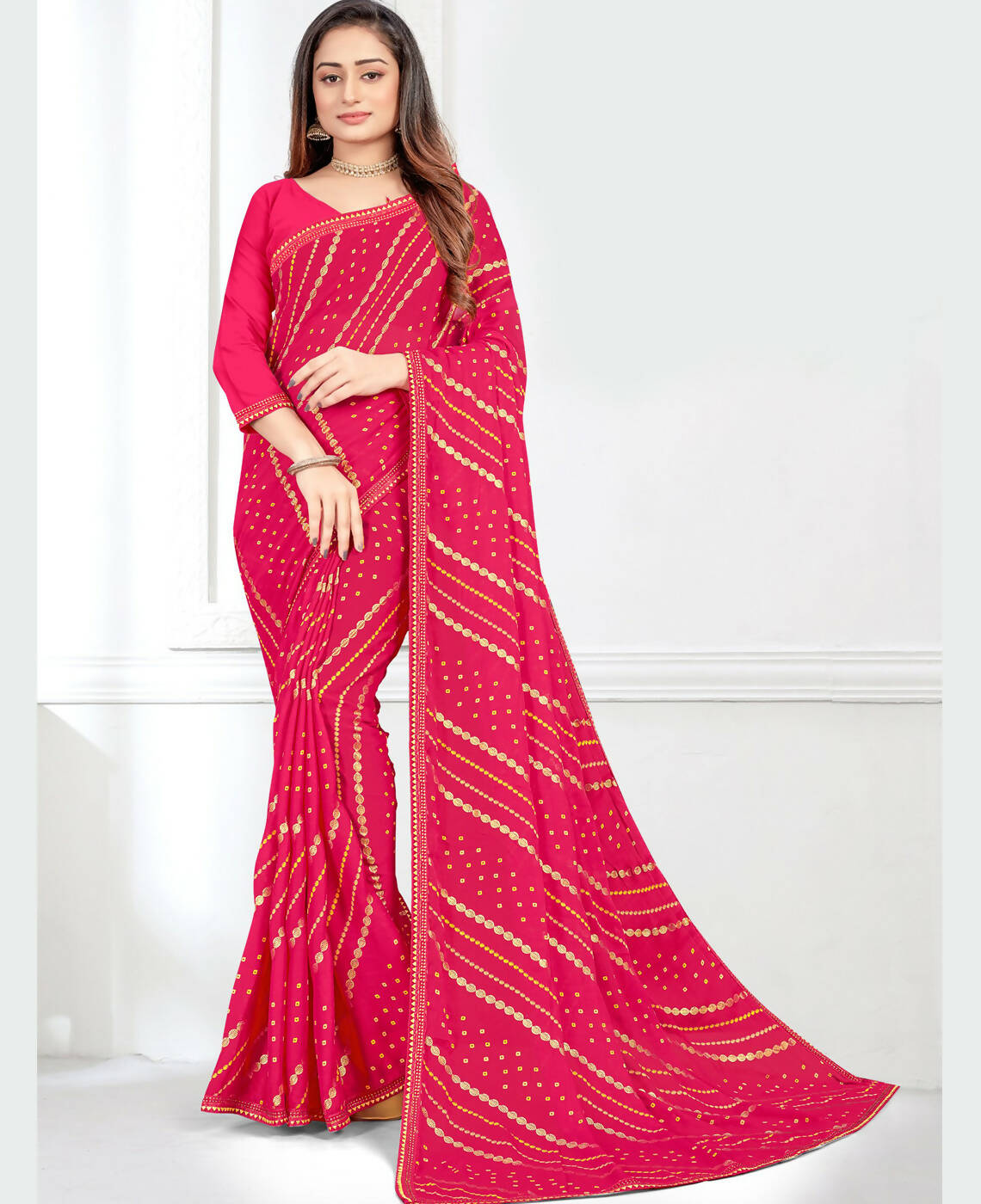 Pink Georgette Bandhani Printed Saree With Unstitched Blouse Piece - Jyoti