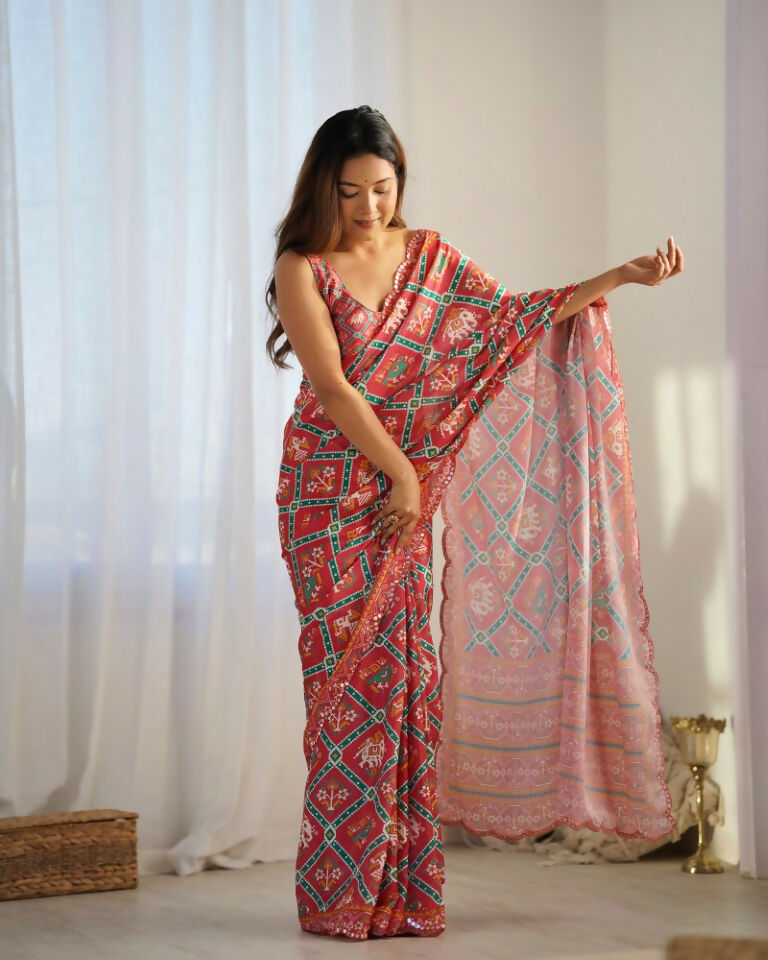Red Chinon Designer Digital Printed & Mirror Cut Work Saree - Kriti