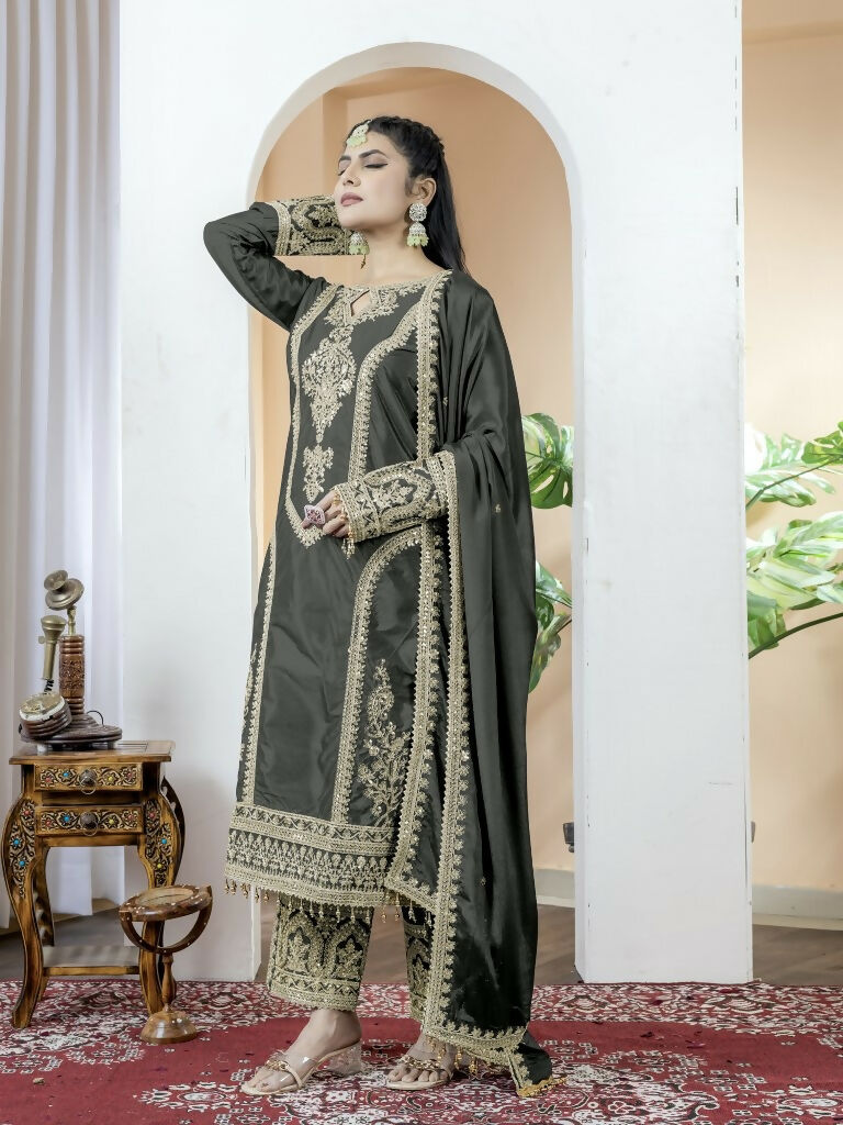Teeya Creation Black Color Chinnon Silk Embroidery Work Fully Stitched Salwar Suit