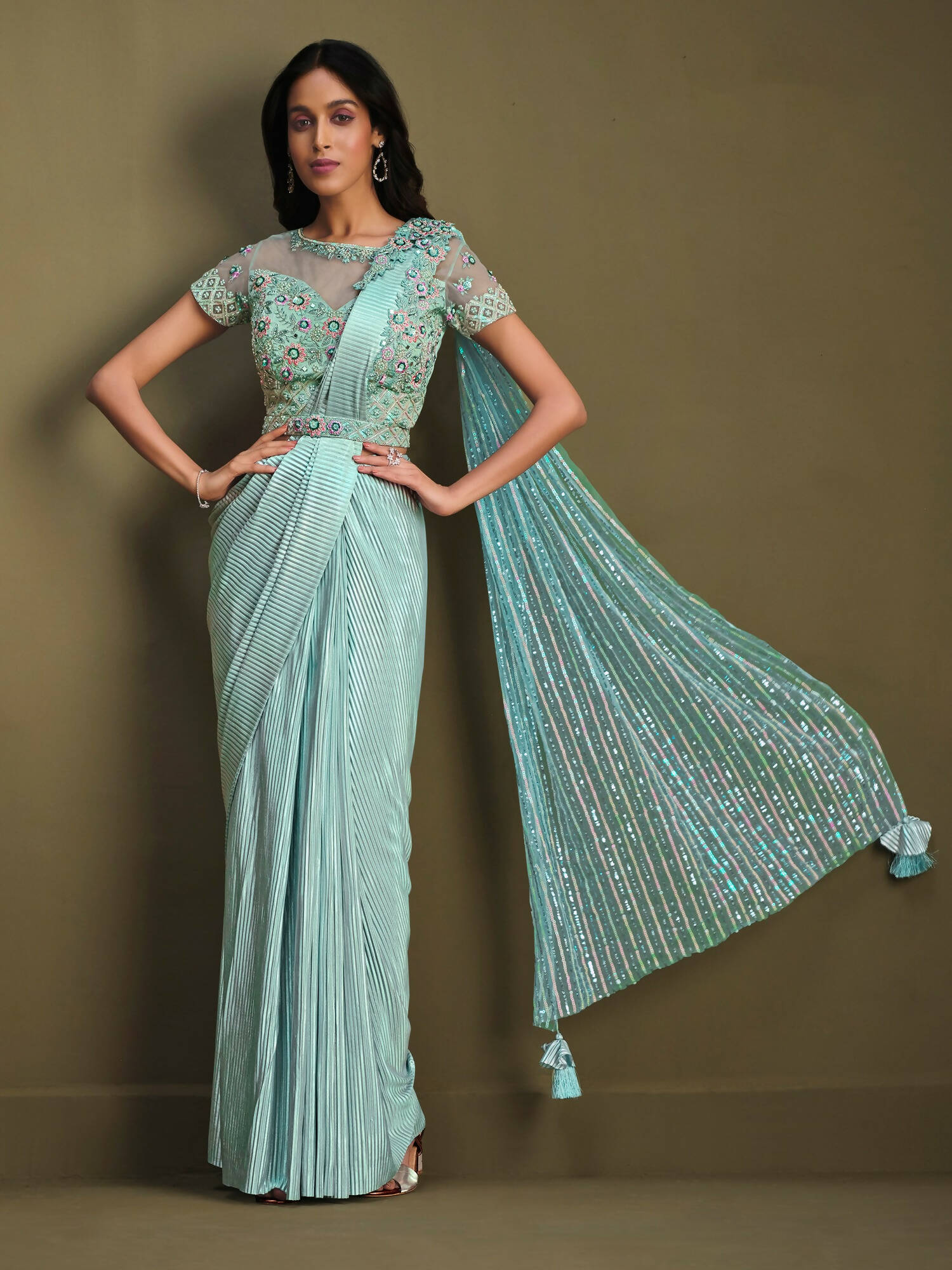 Sky Blue Fancy Crystal Crepe Sequence Embroidered Saree With Stitched Blouse - Mohmanthan La Belle