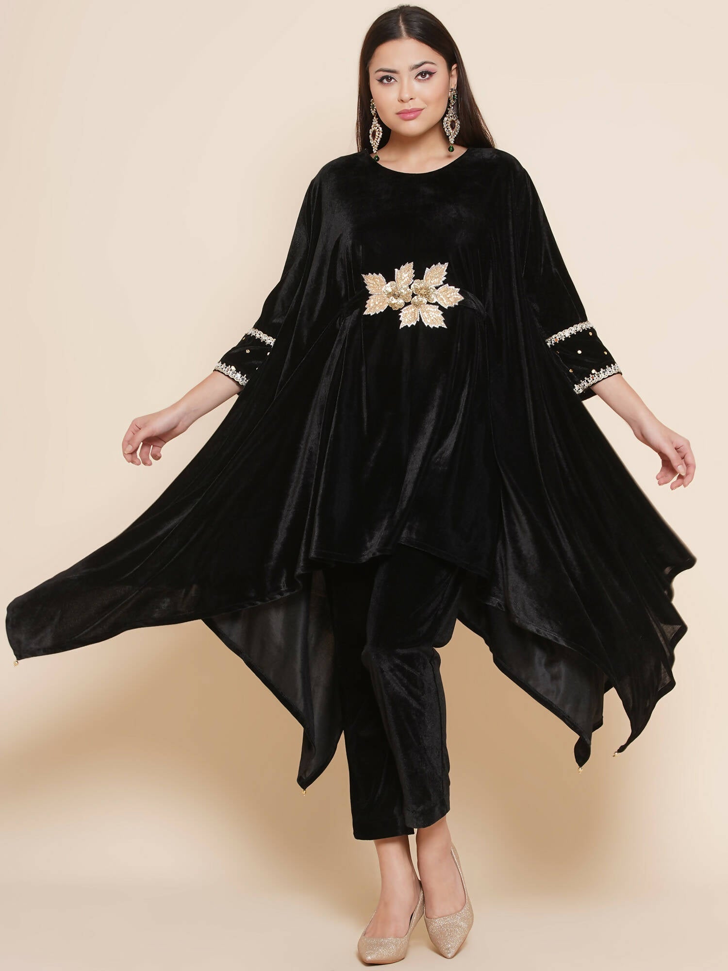 Women Republic Black Velvet Kaftaan Style Kurta With Pants
