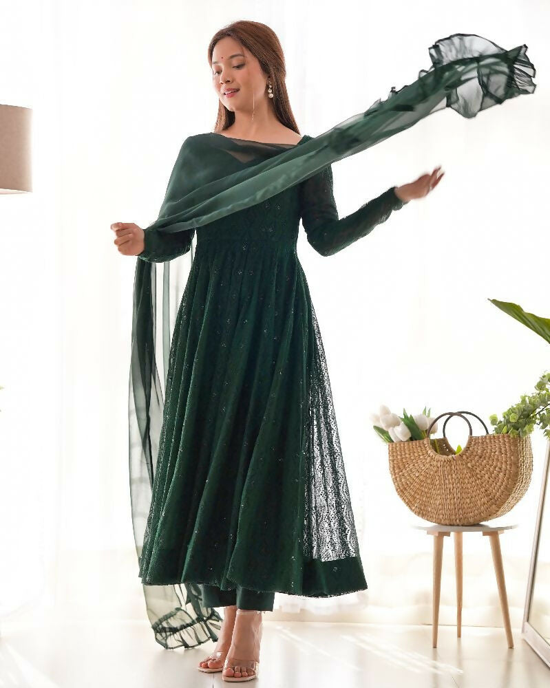 Joban Fashion Green Kurta Set Georgette Sequence Embroidery Work