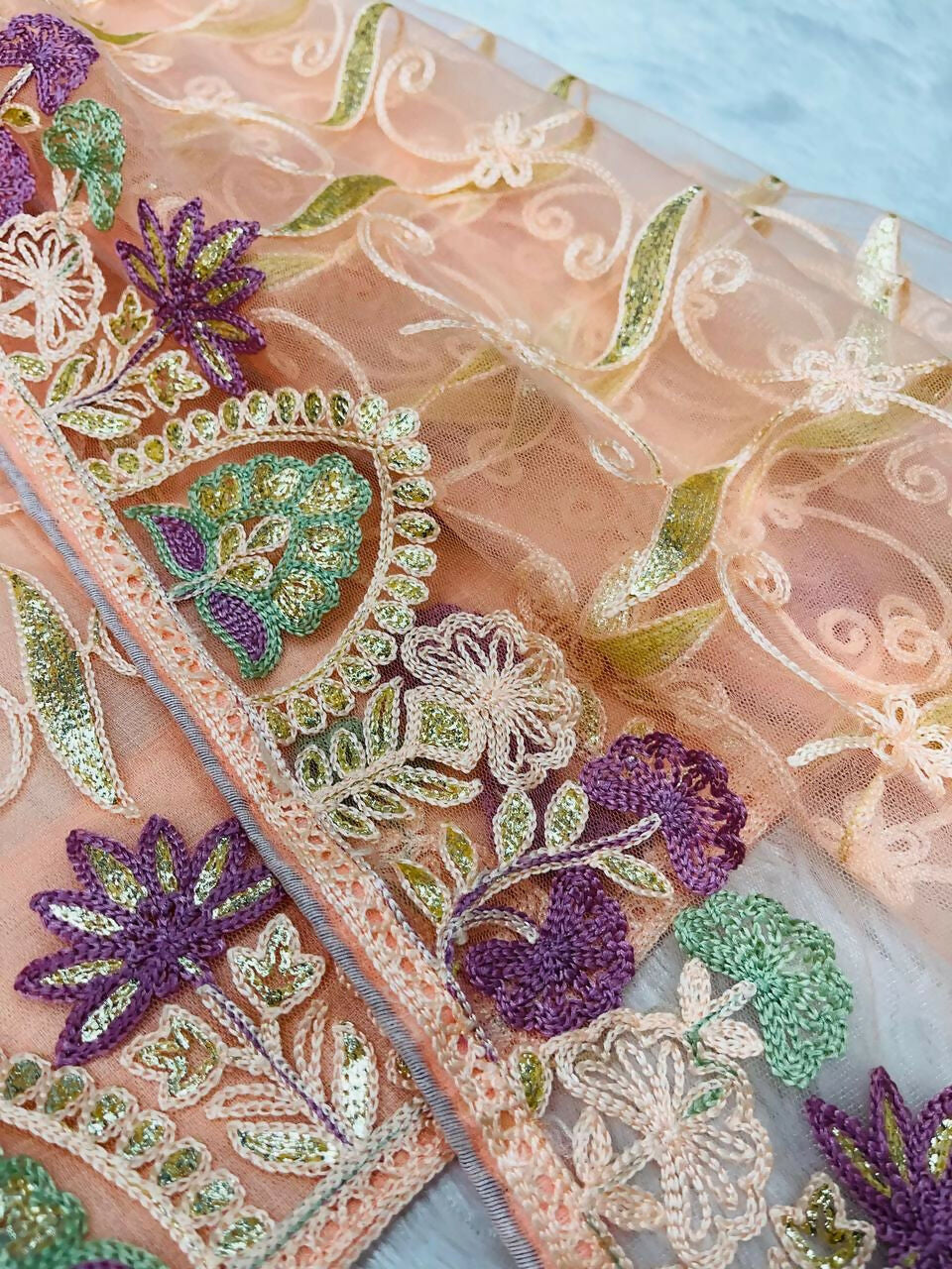 Vastranavya Soft Crush Georgette With Embroidery and Foil Multi Thread Work Saree - Peach