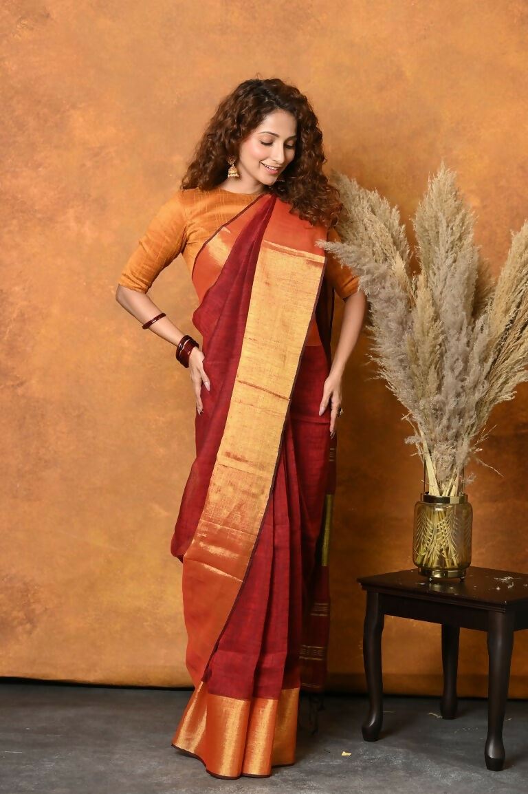 Very Much Indian Handloom Pure Cotton Linen Saree With Golden Border - Dark Maroon