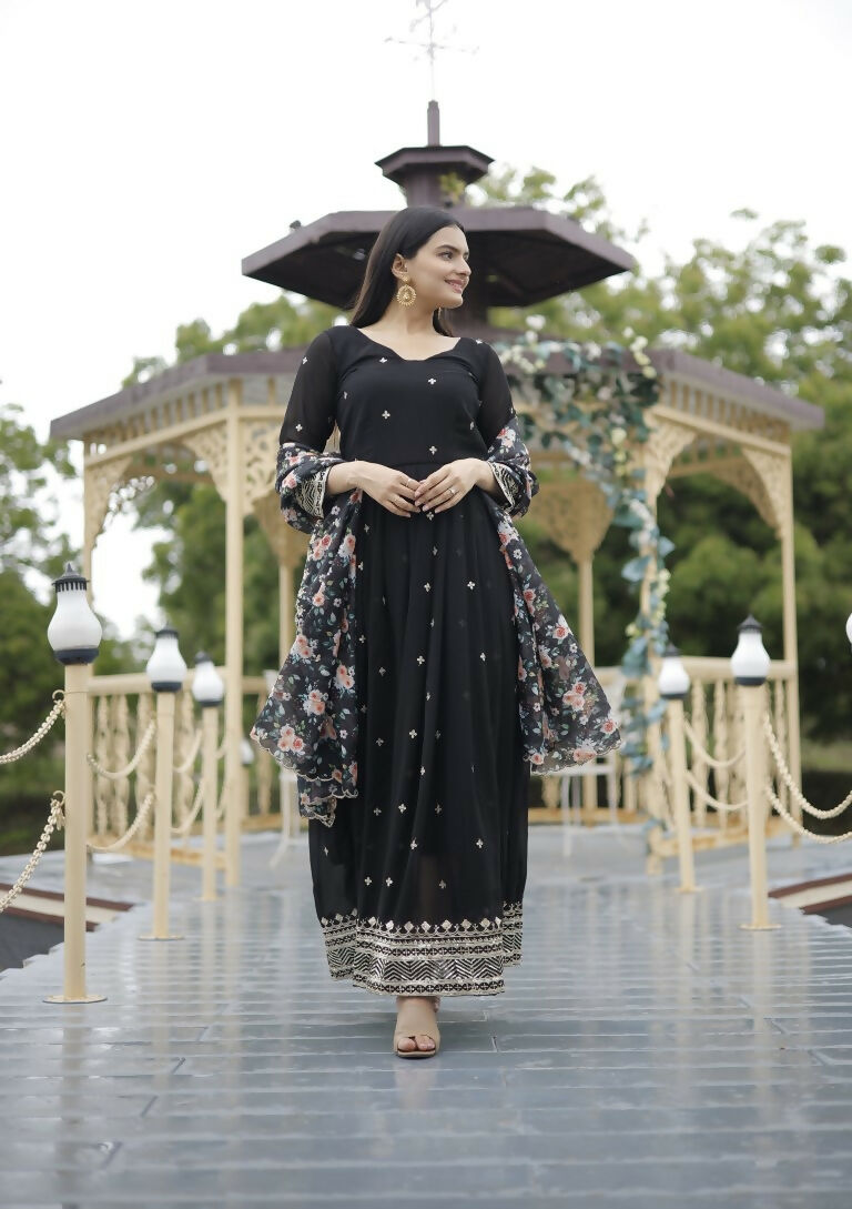 Jyoti Fashion Women's Black Faux Blooming Sequins with Zari Embroidery Anarkali Dress with Dupatta