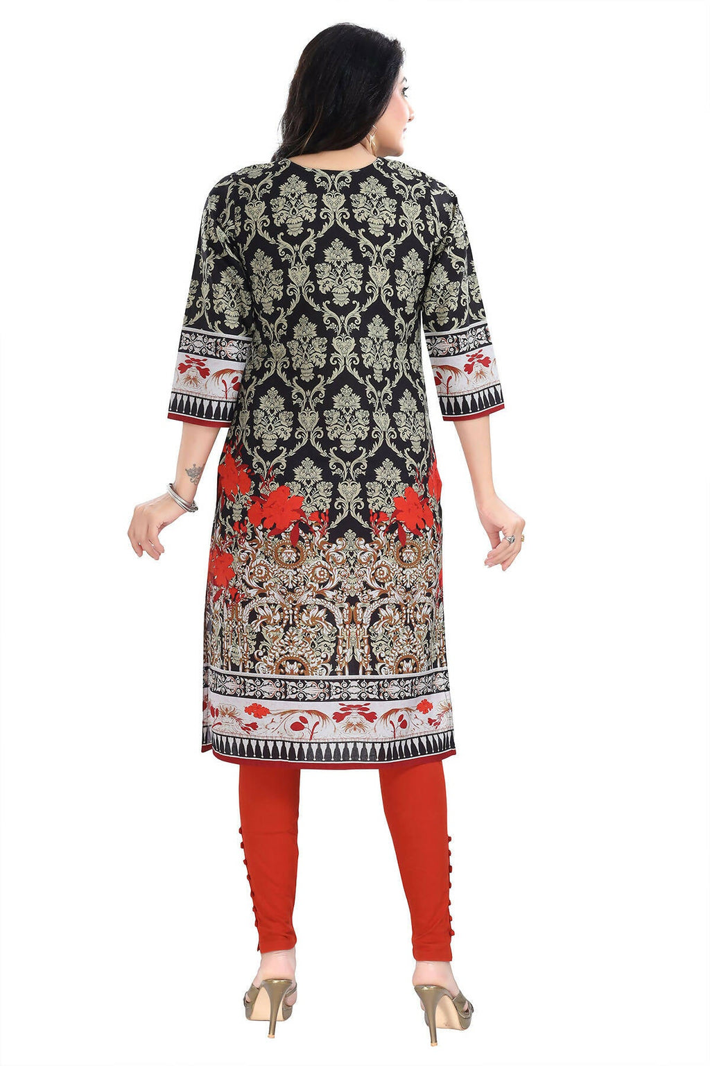 Snehal Creations Deep Black Designer Digital Print Cotton Slub Fabric Long Kurti Tunic