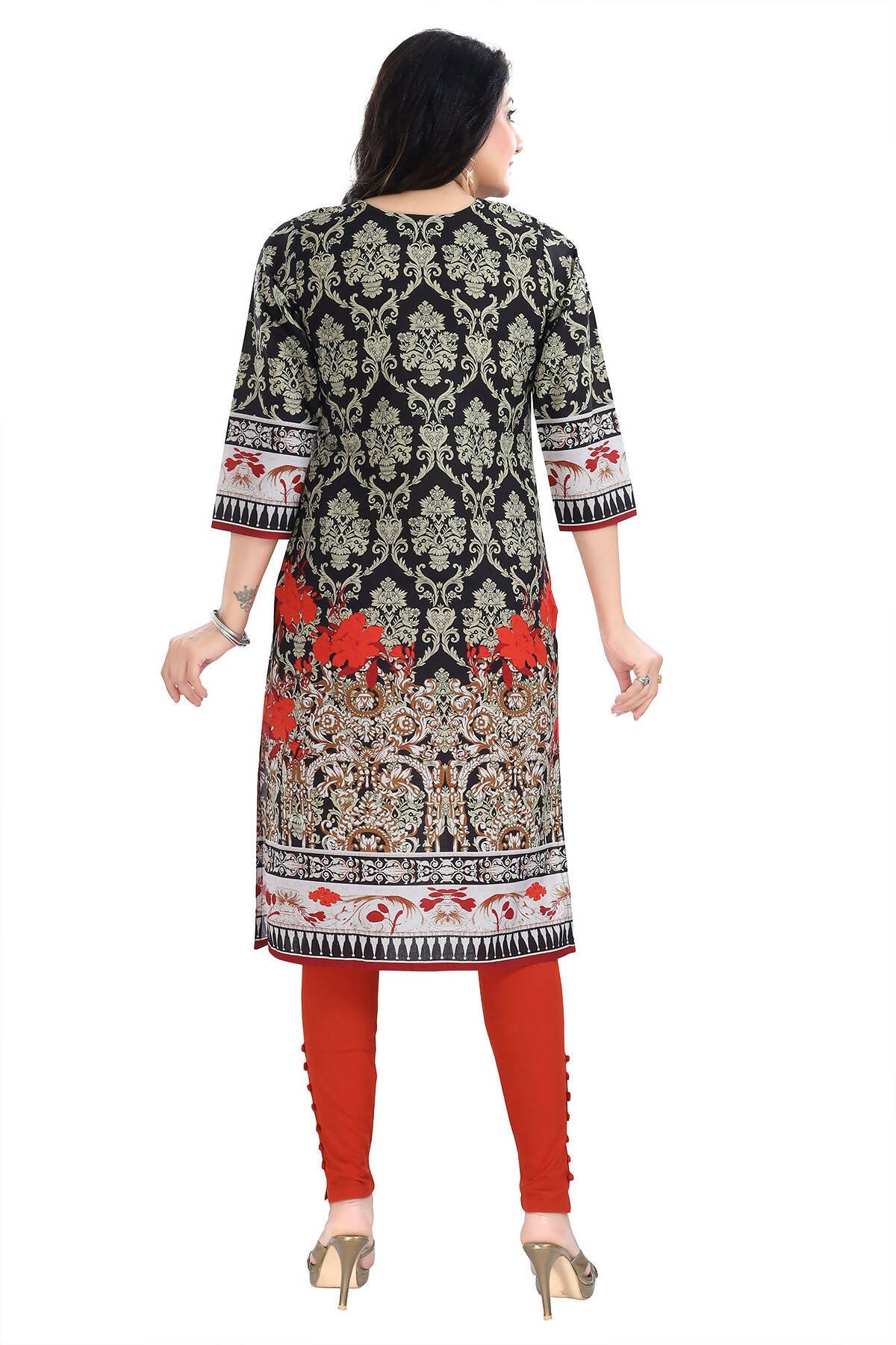 Snehal Creations Deep Black Designer Digital Print Cotton Slub Fabric Long Kurti Tunic
