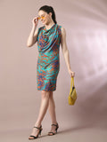 Myshka Women's Multi Printed Cowl Neck Bodycon Party Dress