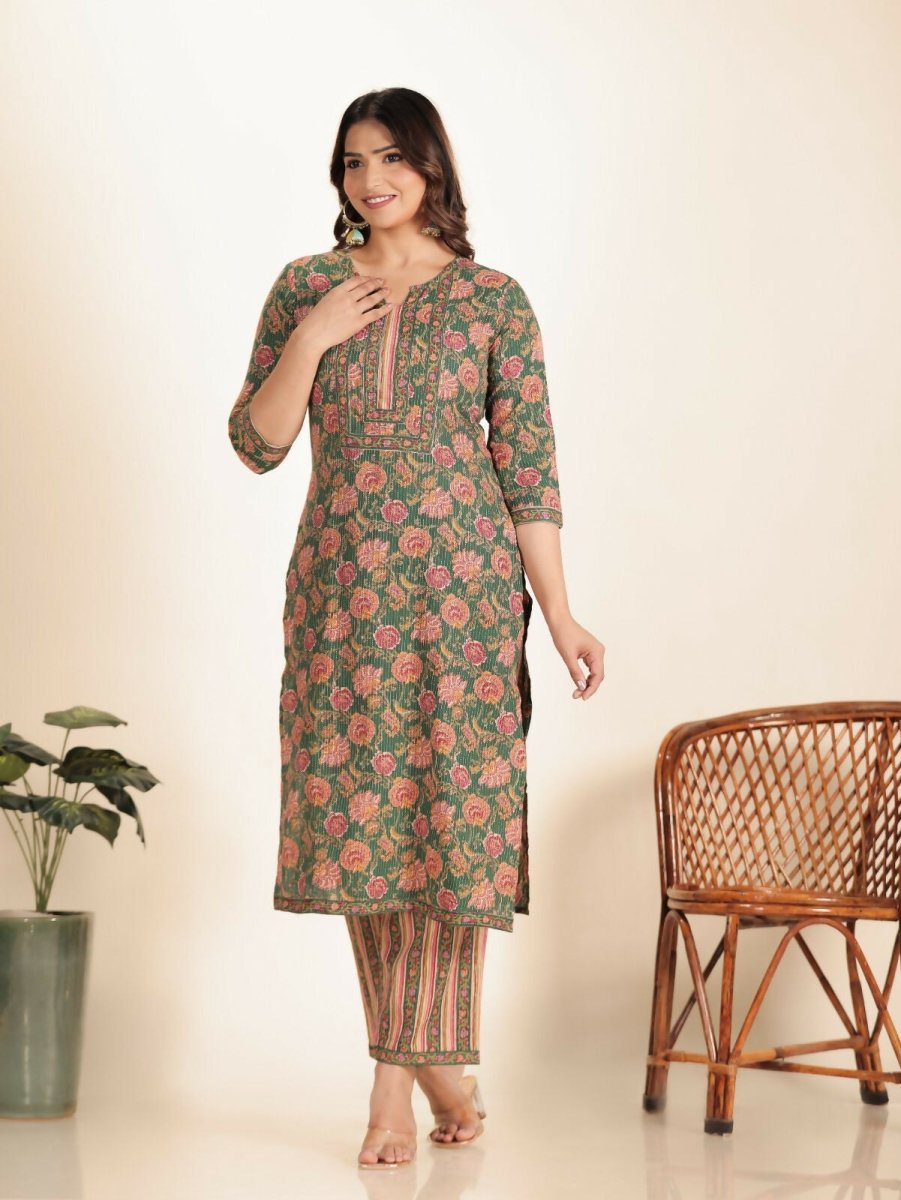 Aramya Green Kantha Cotton Floral Print Straight Kurta Set for Women