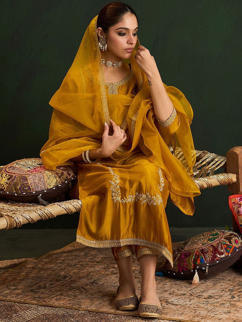 Indo Era Women Embroidered Regular Sequinned Kurta with Trousers & With Dupatta