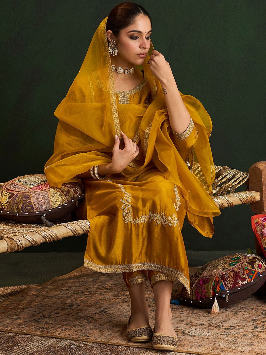 Indo Era Women Embroidered Regular Sequinned Kurta with Trousers & With Dupatta