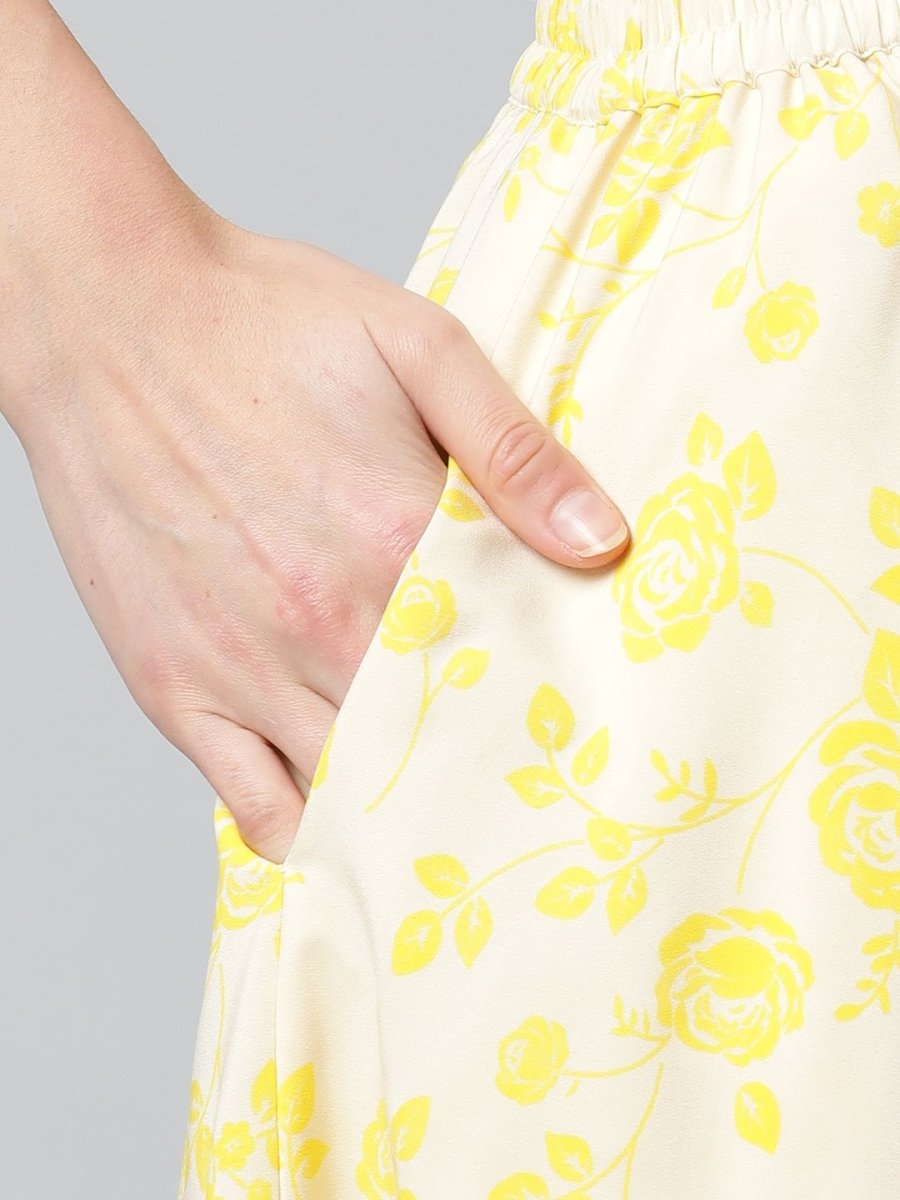 Ahalyaa Women Crepe Cream Solid Top with Printed Skirt with Ruffle Details
