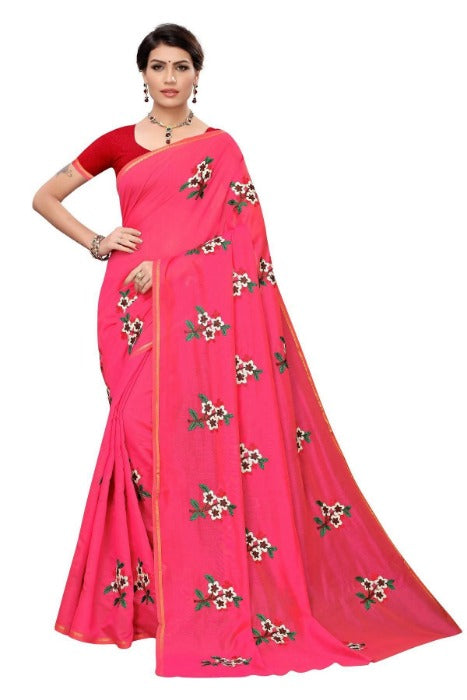 Vamika Chanderi Cotton Embroidery Pink Saree (MOGRA PINK)