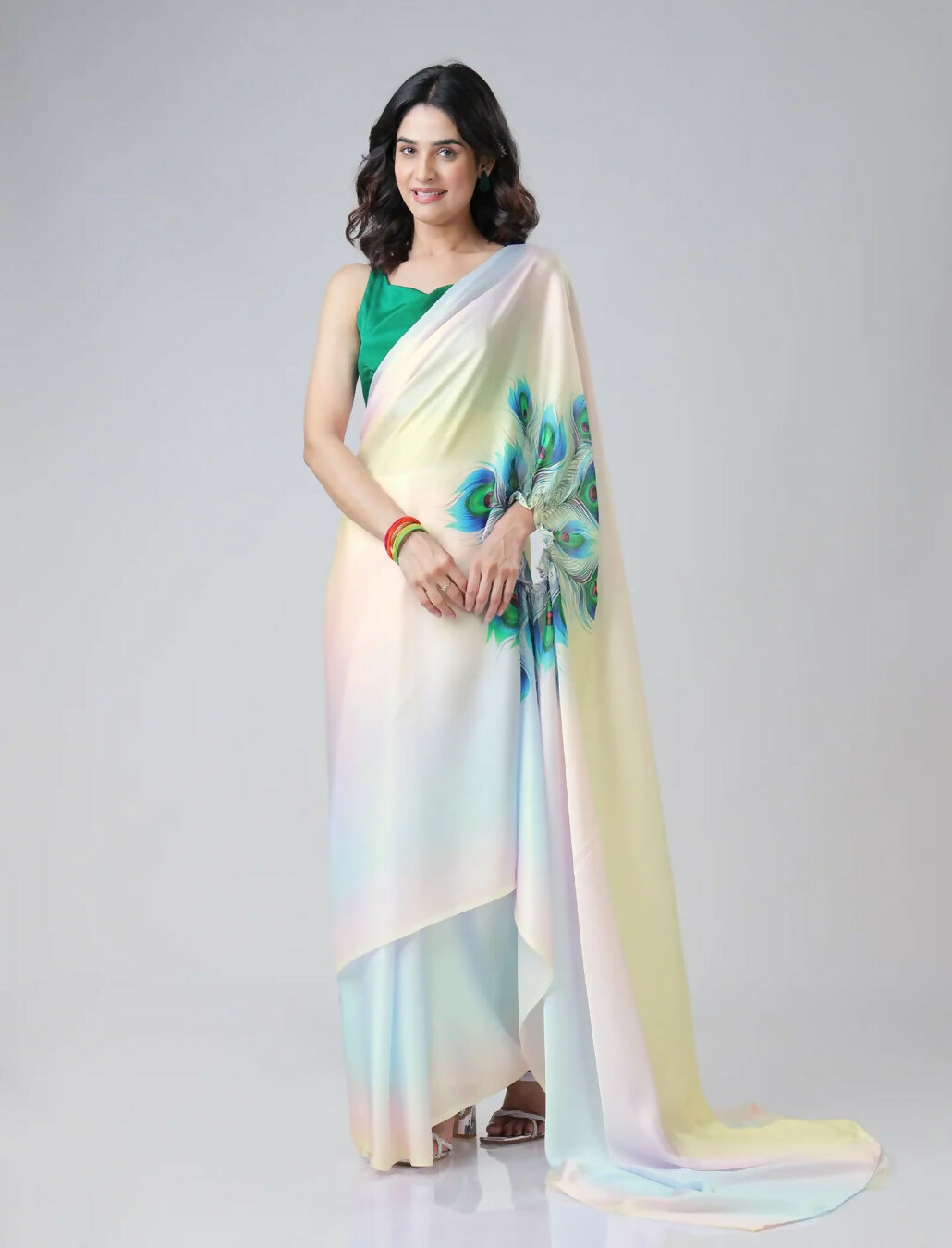 Vastranavya Pastel Rainbow Freehand Peacock Feather Print Ready to Wear Saree