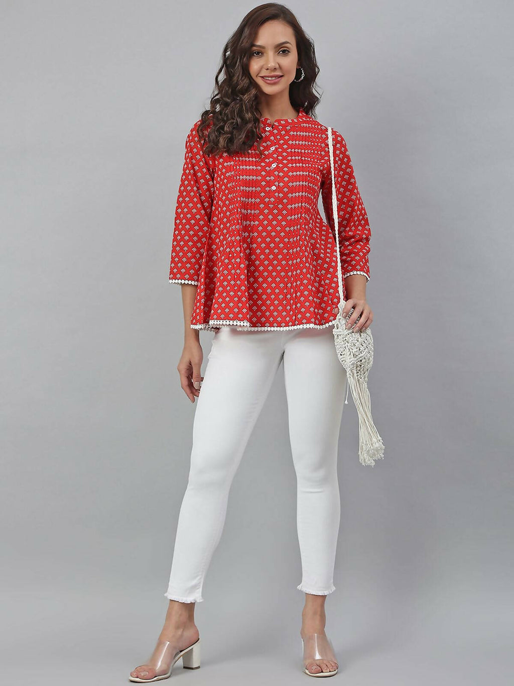 Janasya Women's Red Cotton Floral Print Flared Top