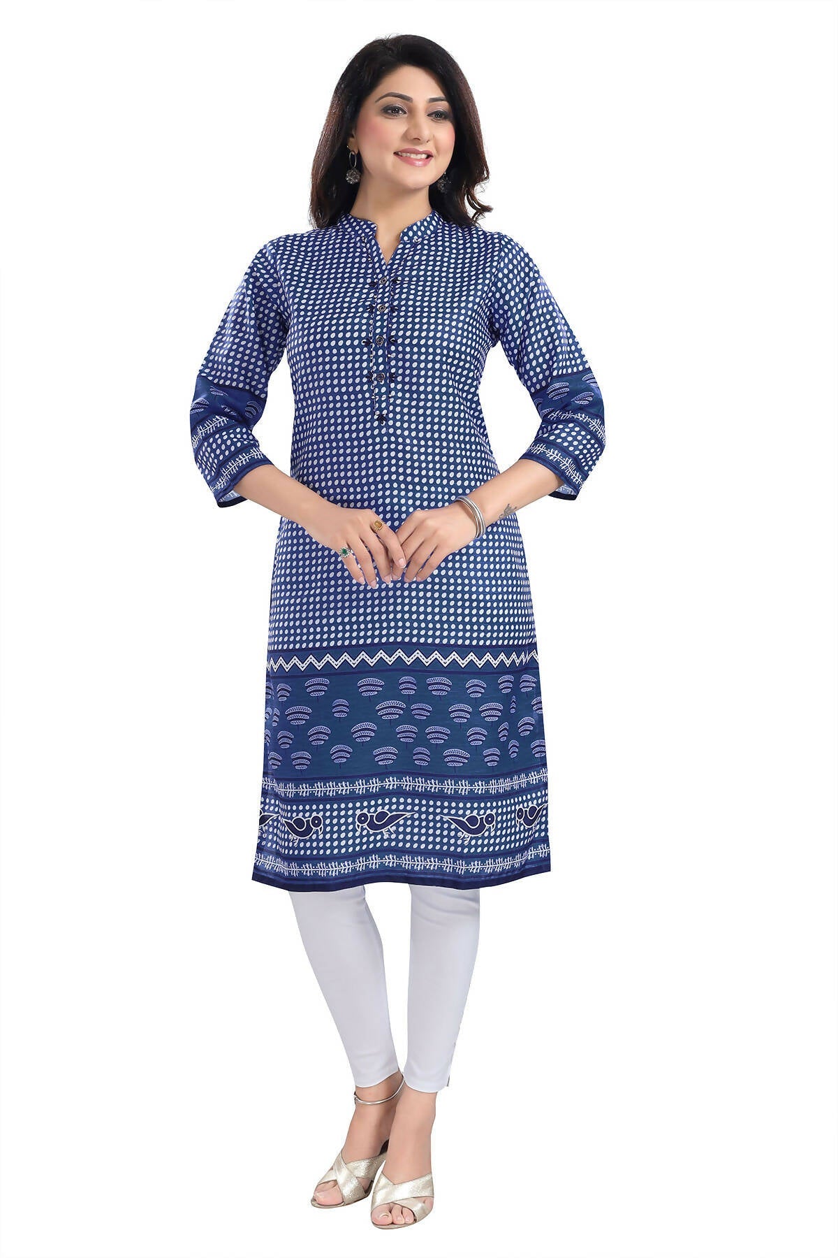 Snehal Creations Indigo Blue Designer Digital Print Cotton Slub Fabric Long Kurti Tunic
